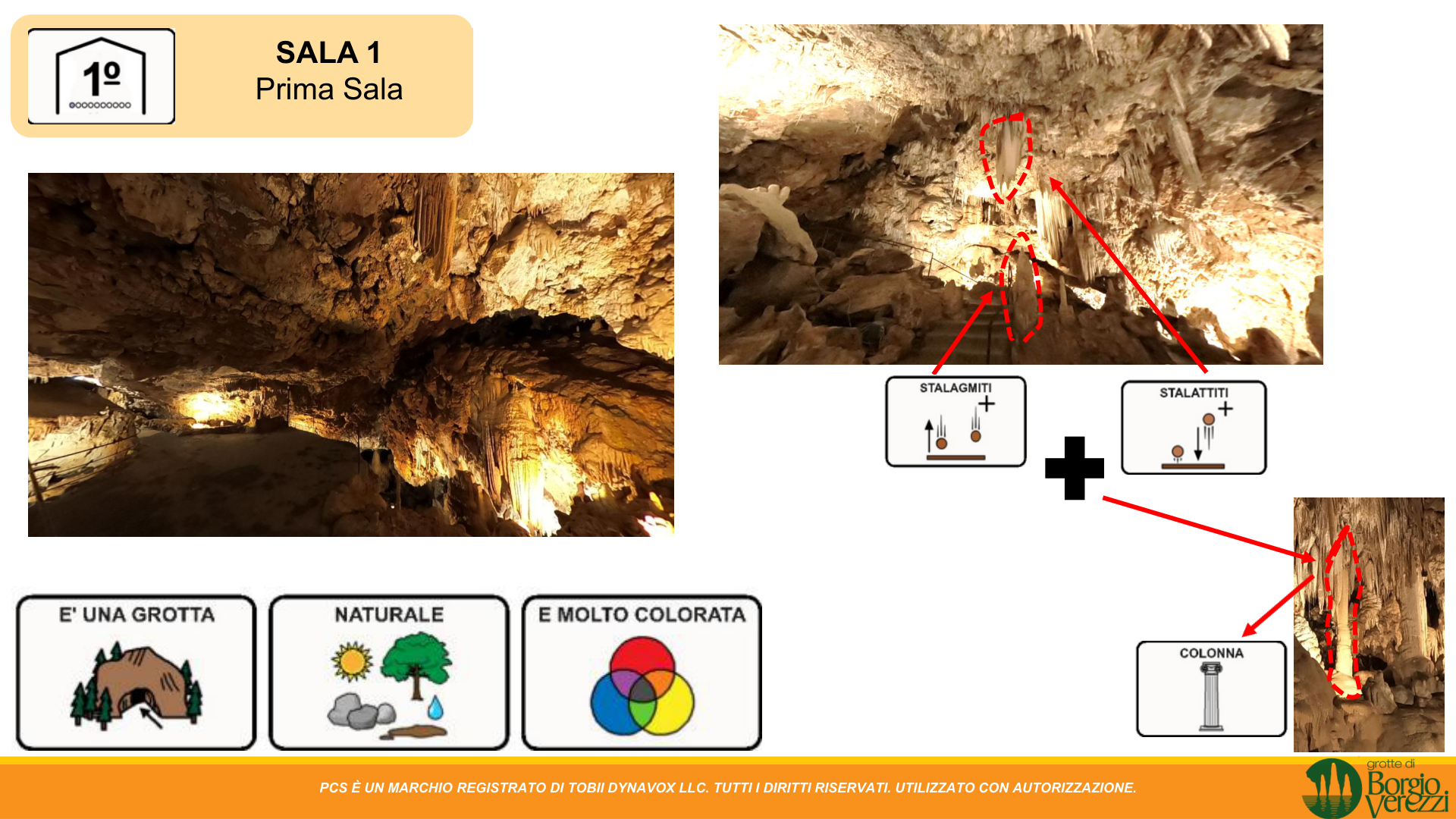 Sala 1 – Prima Sala: grotta naturale e molto colorata, stalagmiti, stalattiti, colonne