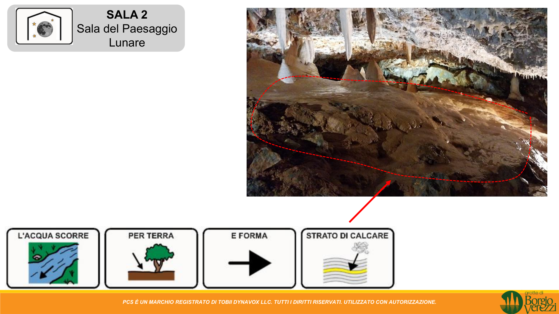 Sala 2 – Paesaggio Lunare: l'acqua scorre per terra e forma uno strato di calcare