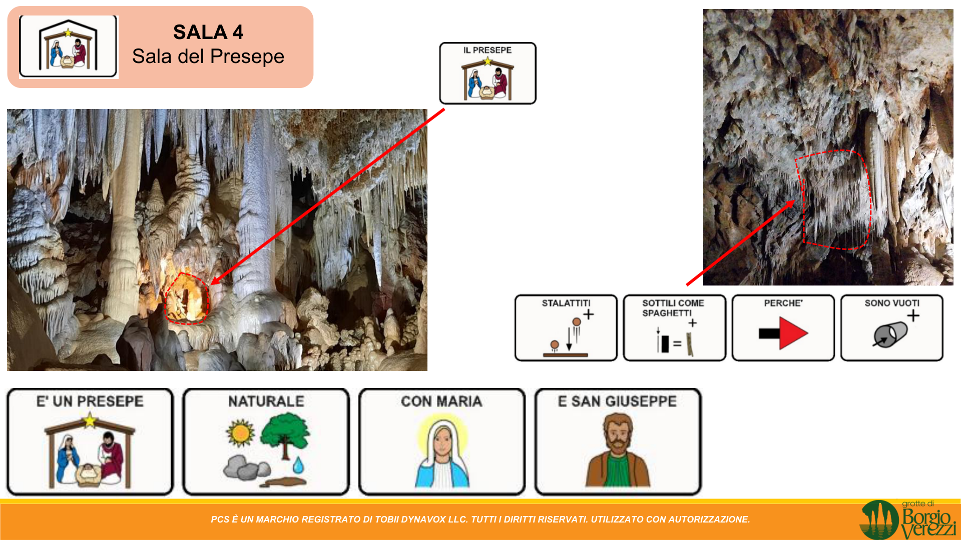 Sala 4 – Presepe: stalattiti sottili come spaghetti perché sono vuoti, con Maria e San Giuseppe